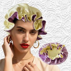 Reversible Satin Sleep Bonnet Hat – Purple & Yellow – Extra Large, Elastic Fit